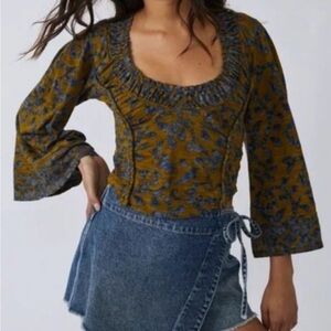 NWT Free People Mustard and Blue Floral Blouse